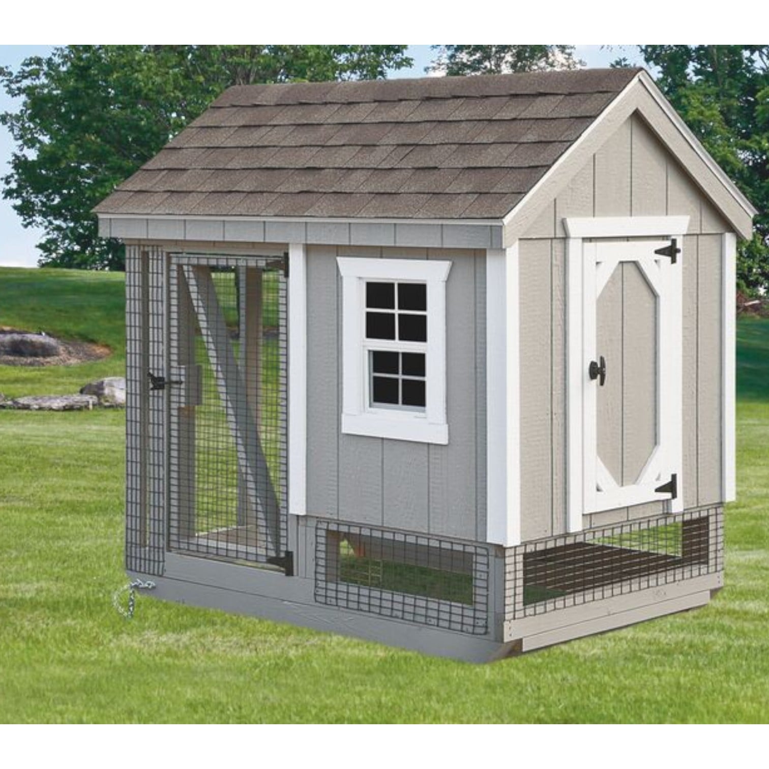 small-a-frame-chicken-coop-front-view-in-gray-and-white-duratemp-siding