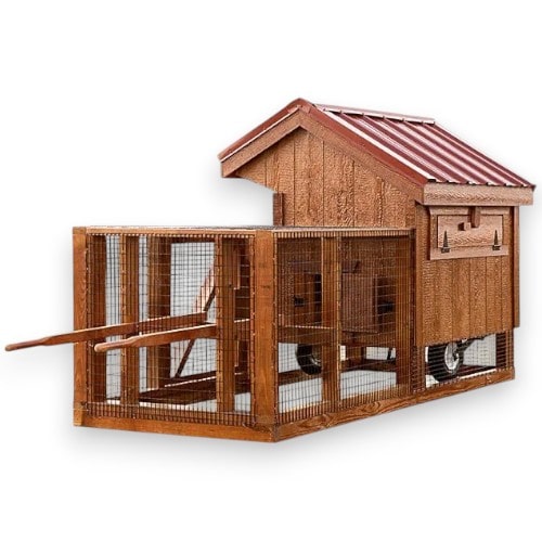 small_chicken_coop_with_wheels_in_brown_stain_with_red_tin_roof_back_view
