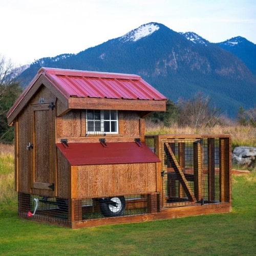 small_chicken_coop_with_wheels_in_brown_stain_with_red_tin_roof_front_view