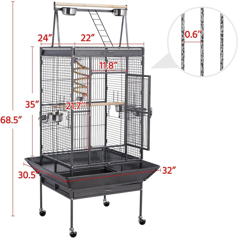 69-Inch Wrought Iron Rolling Large Parrot Bird Cage for African Grey Quaker Amazon Play Top with Stand - Quill & Roost