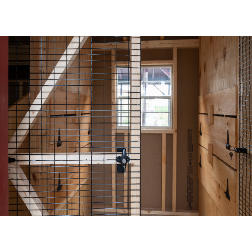 Double Chicken Coop with double run feed room view with open interior coop door-A828CD