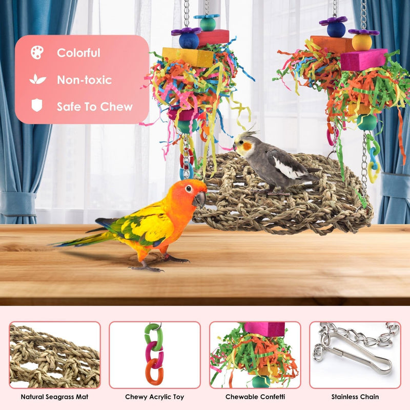 Conure Toys, Bird Grass Swing Mat Parrot Climbing Hammock with Colorful Toys for Small Birds - Quill & Roost