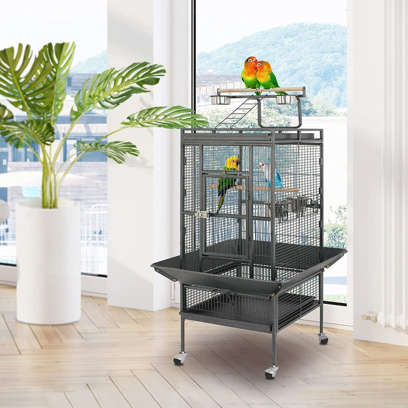PRO 61-Inch 2In1 Large Bird Cage with Rolling Stand Play top Parrot Pet House Wrought Iron Birdcage, Black - Quill & Roost